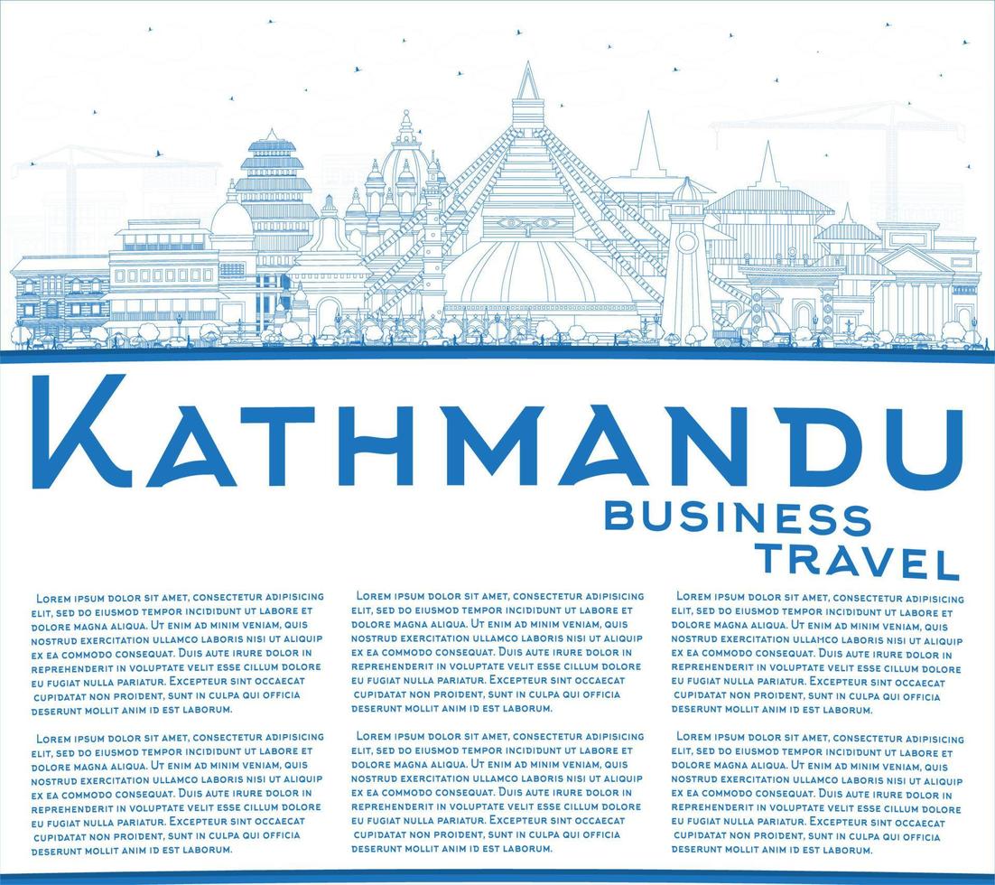 Outline Kathmandu Nepal City Skyline with Blue Buildings and Copy Space. vector