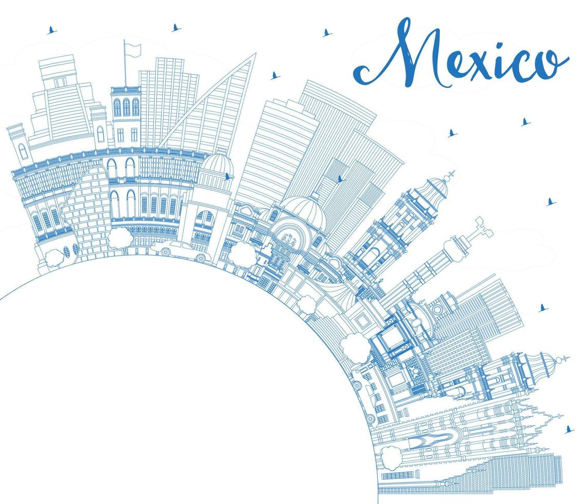 esbozar el horizonte de la ciudad de méxico con edificios azules y espacio de copia. vector