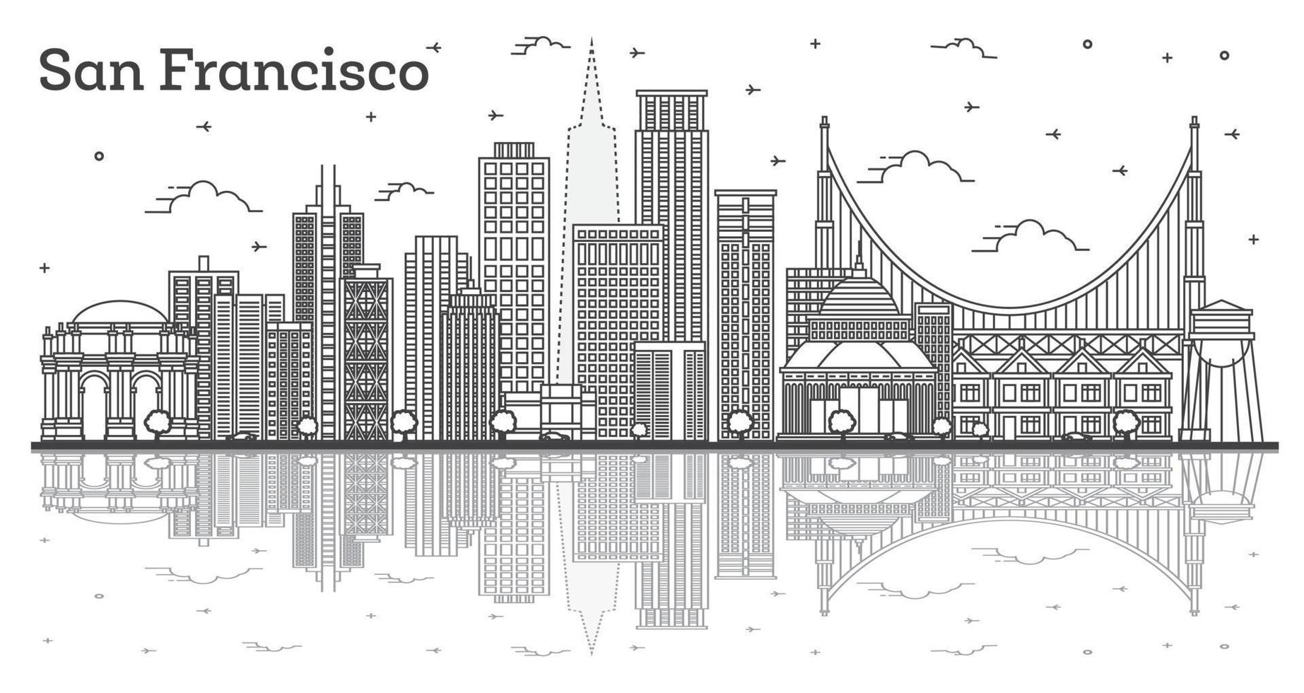 Outline San Francisco California City Skyline with Modern Buildings and Reflections Isolated on White. vector