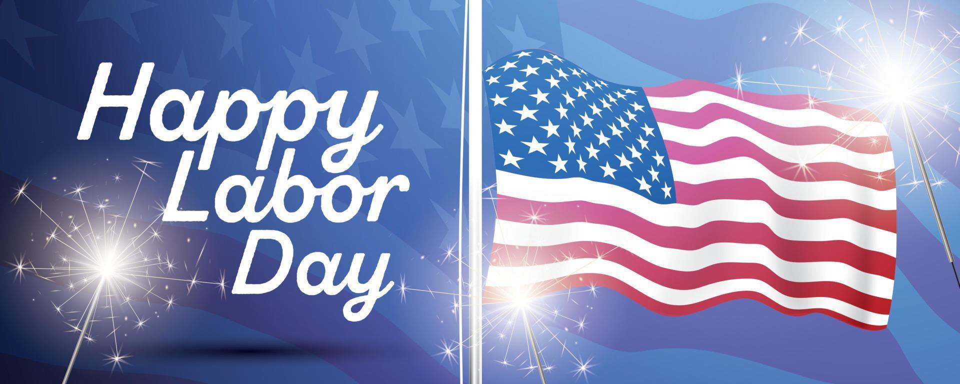 Feliz Día del Trabajo. banner con bandera americana de estados unidos y fuegos artificiales. vector