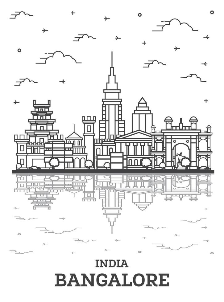 delinear el horizonte de la ciudad de bangalore india con edificios históricos y reflejos aislados en blanco. vector