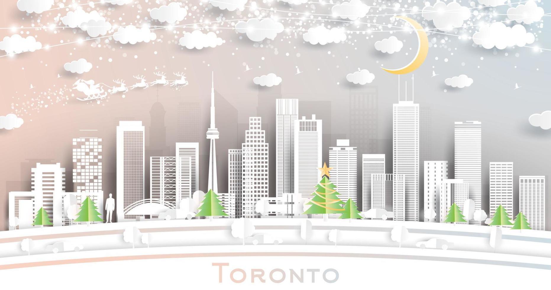 horizonte de la ciudad de toronto canadá en estilo de corte de papel con copos de nieve, luna y guirnalda de neón. vector