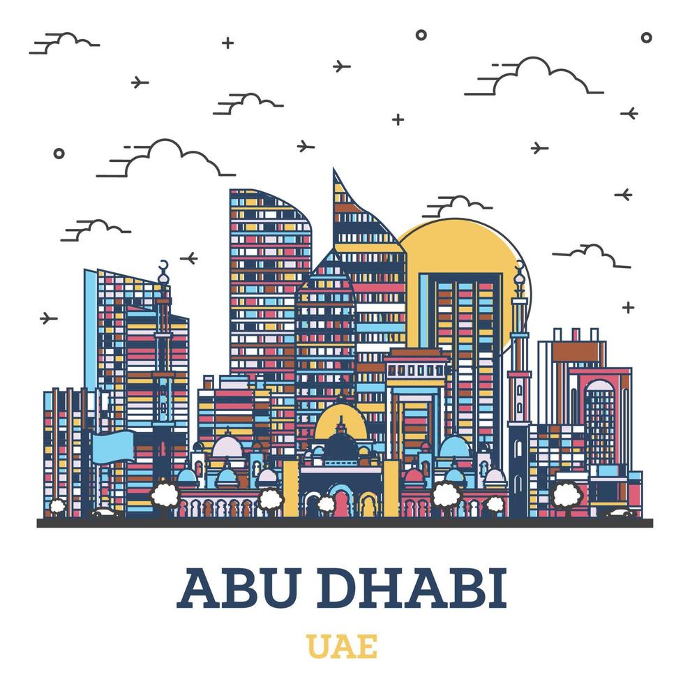 esbozar el horizonte de la ciudad de abu dhabi emiratos árabes unidos con edificios modernos de colores aislados en blanco. vector