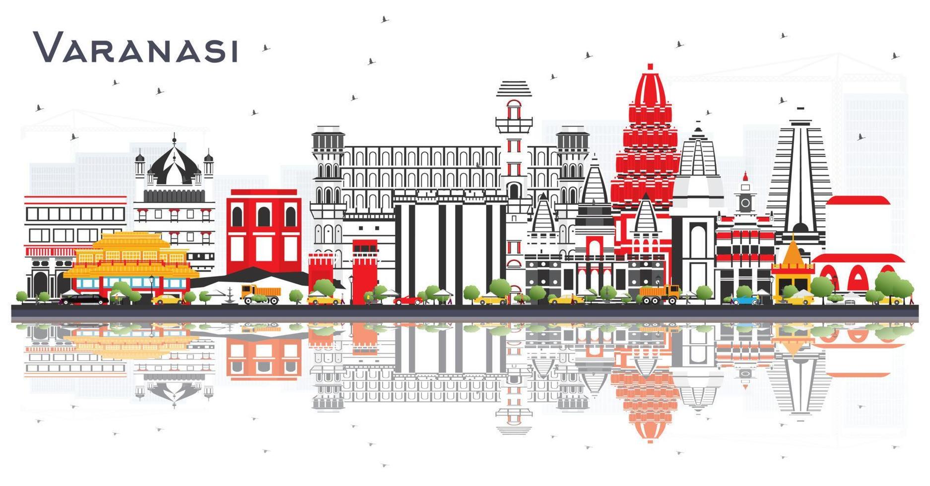 Varanasi India City Skyline with Color Buildings and Reflections Isolated on White. vector