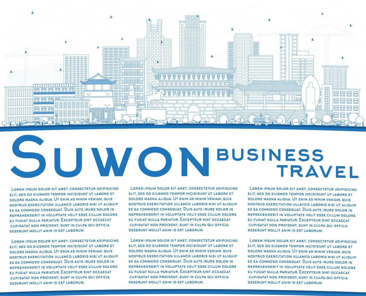 Outline Suwon South Korea City Skyline with Blue Buildings and Copy Space. vector