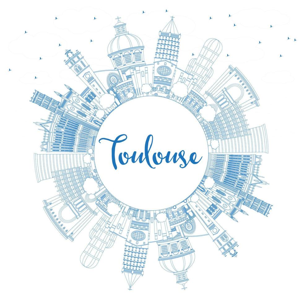 Outline Toulouse France City Skyline with Blue Buildings and Copy Space. vector