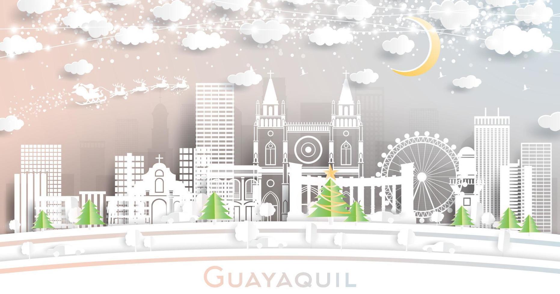 horizonte de la ciudad de guayaquil ecuador en estilo de corte de papel con copos de nieve, luna y guirnalda de neón. vector
