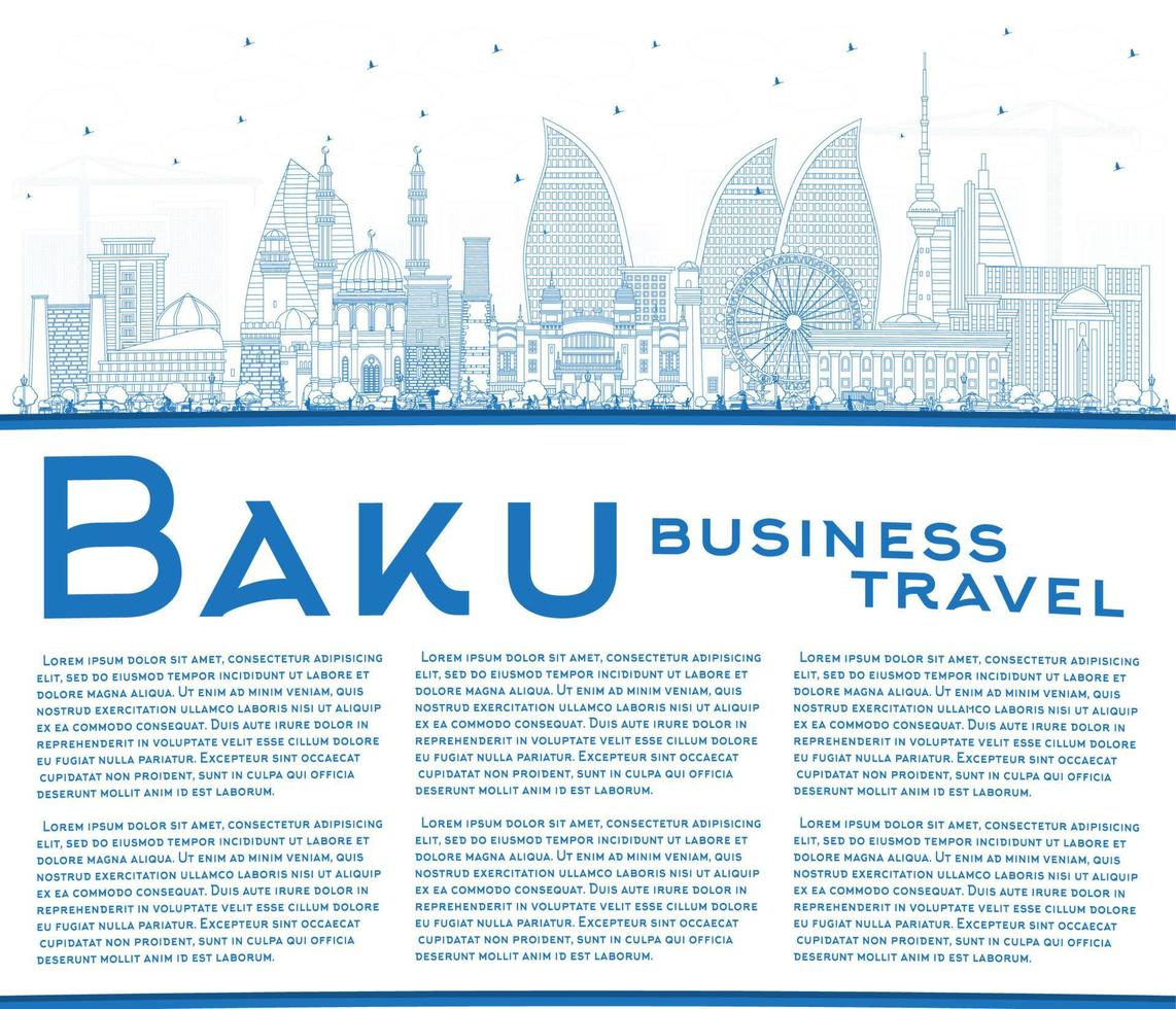 Outline Baku Azerbaijan City Skyline with Blue Buildings and Copy Space. vector