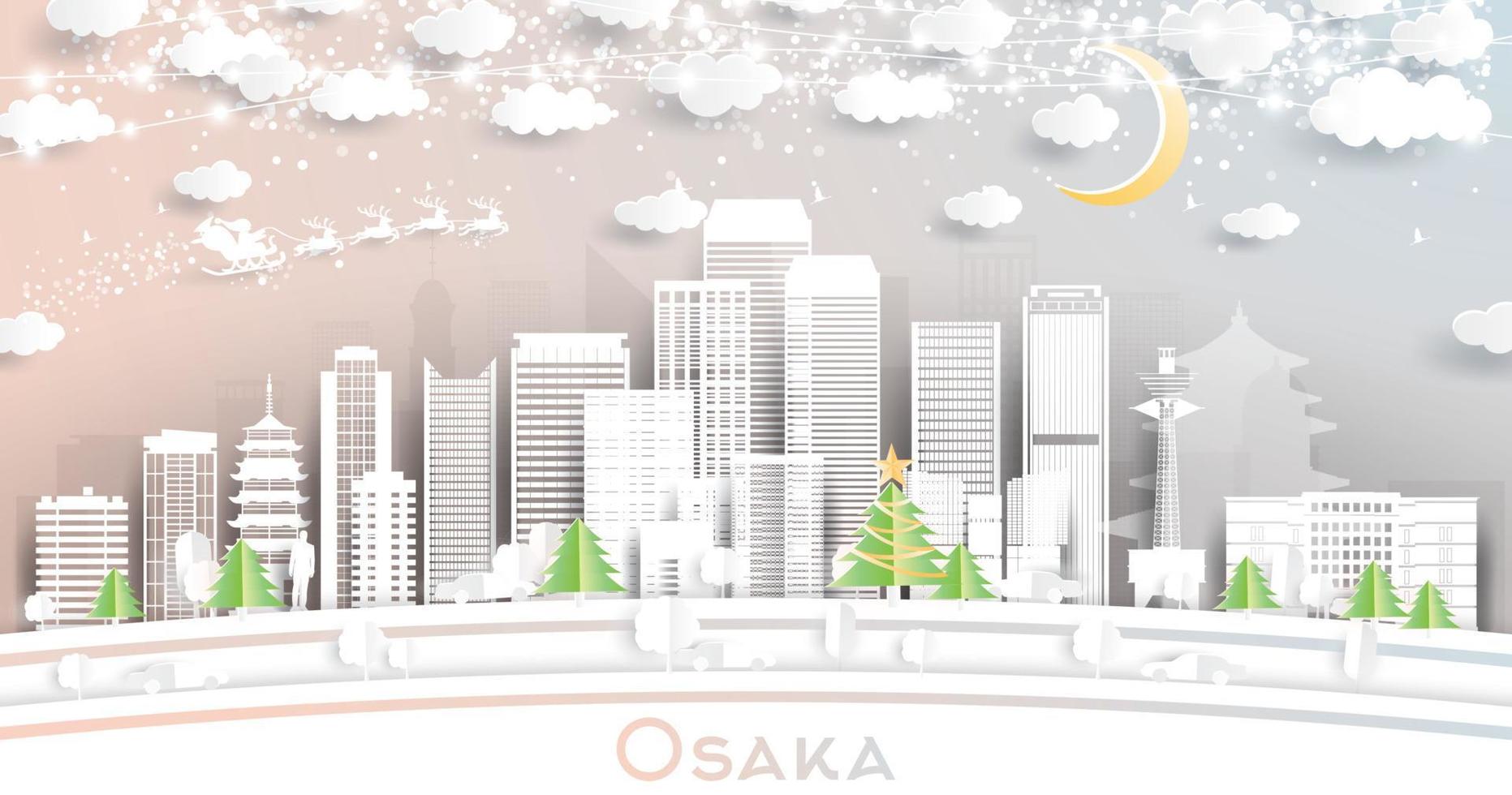 el horizonte de la ciudad de osaka japón en estilo de corte de papel con copos de nieve, luna y guirnalda de neón. vector