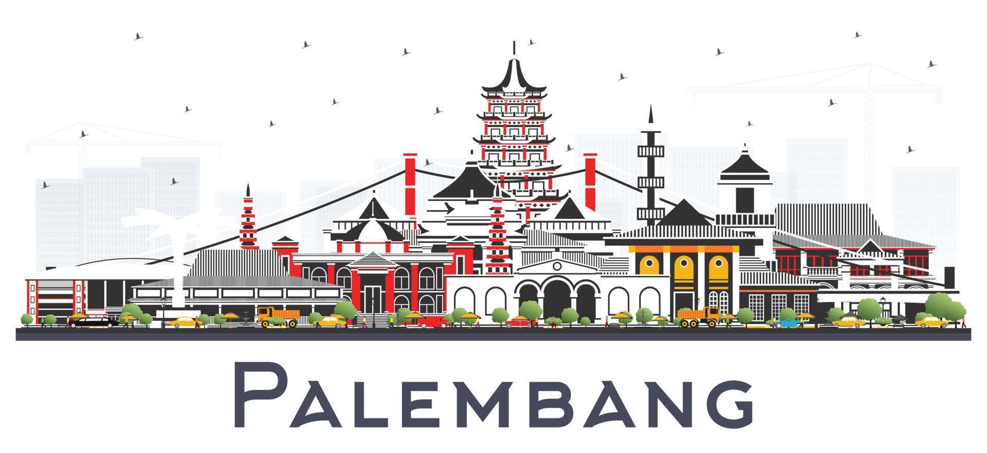 El horizonte de la ciudad de palembang indonesia con edificios grises aislados en blanco. vector