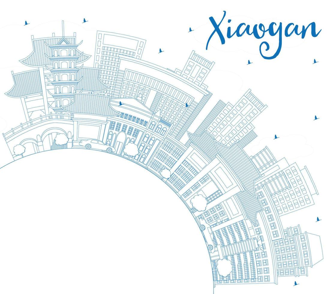 Outline Xiaogan China City Skyline with Blue Buildings and Copy Space. vector