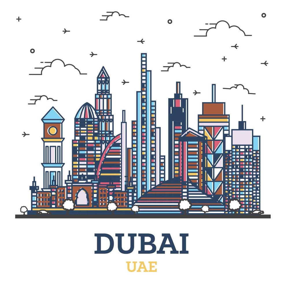 Outline Dubai United Arab Emirates UAE City Skyline with Modern Colored Buildings Isolated on White. vector