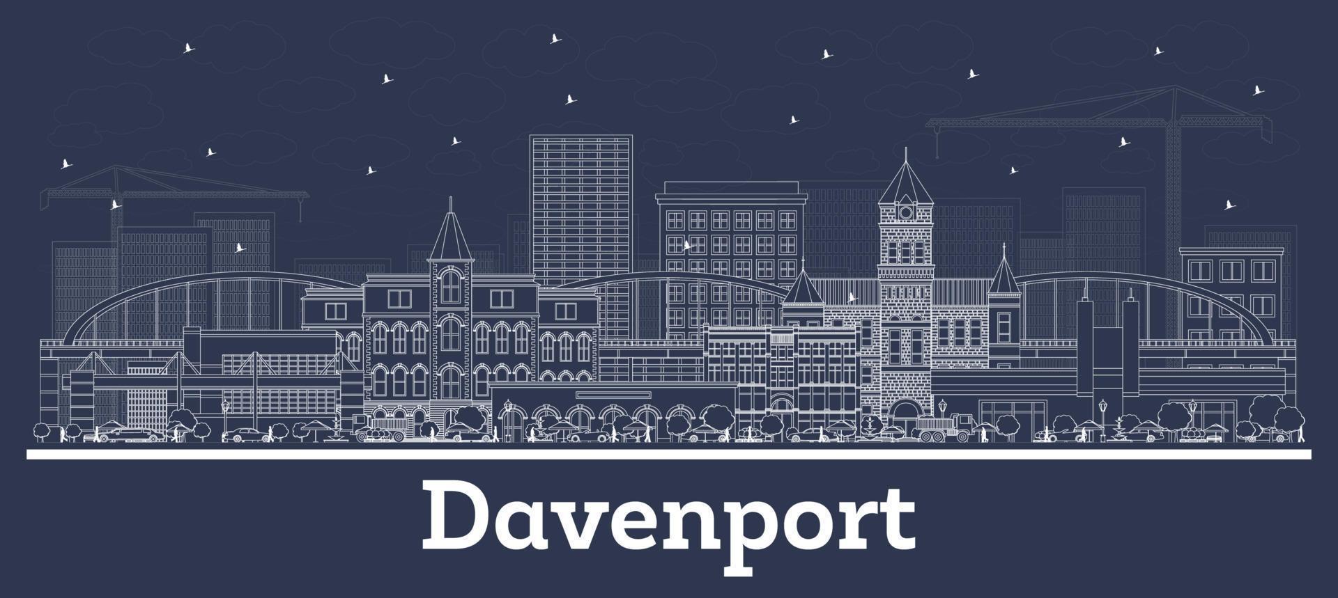 Outline Davenport Iowa USA City Skyline with White Buildings. vector