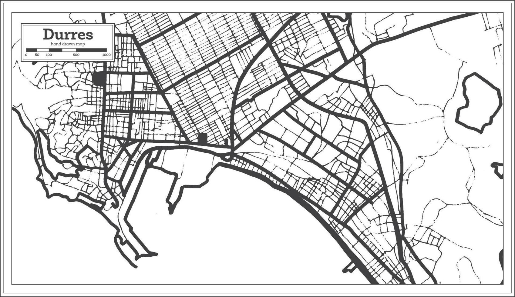mapa de la ciudad de durres albania en color blanco y negro en estilo retro aislado en blanco. vector