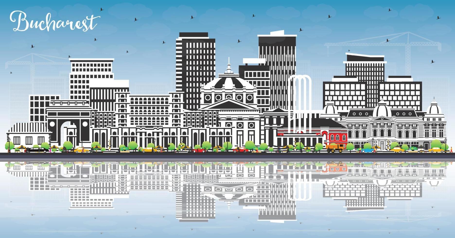 Bucharest Romania City Skyline with Color Buildings, Blue Sky and Reflections. vector