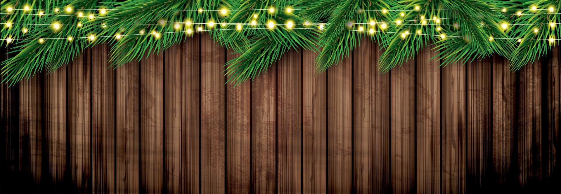 Fir Branch with Neon Lights on Wooden Background. Pine Sprigs on Above. vector