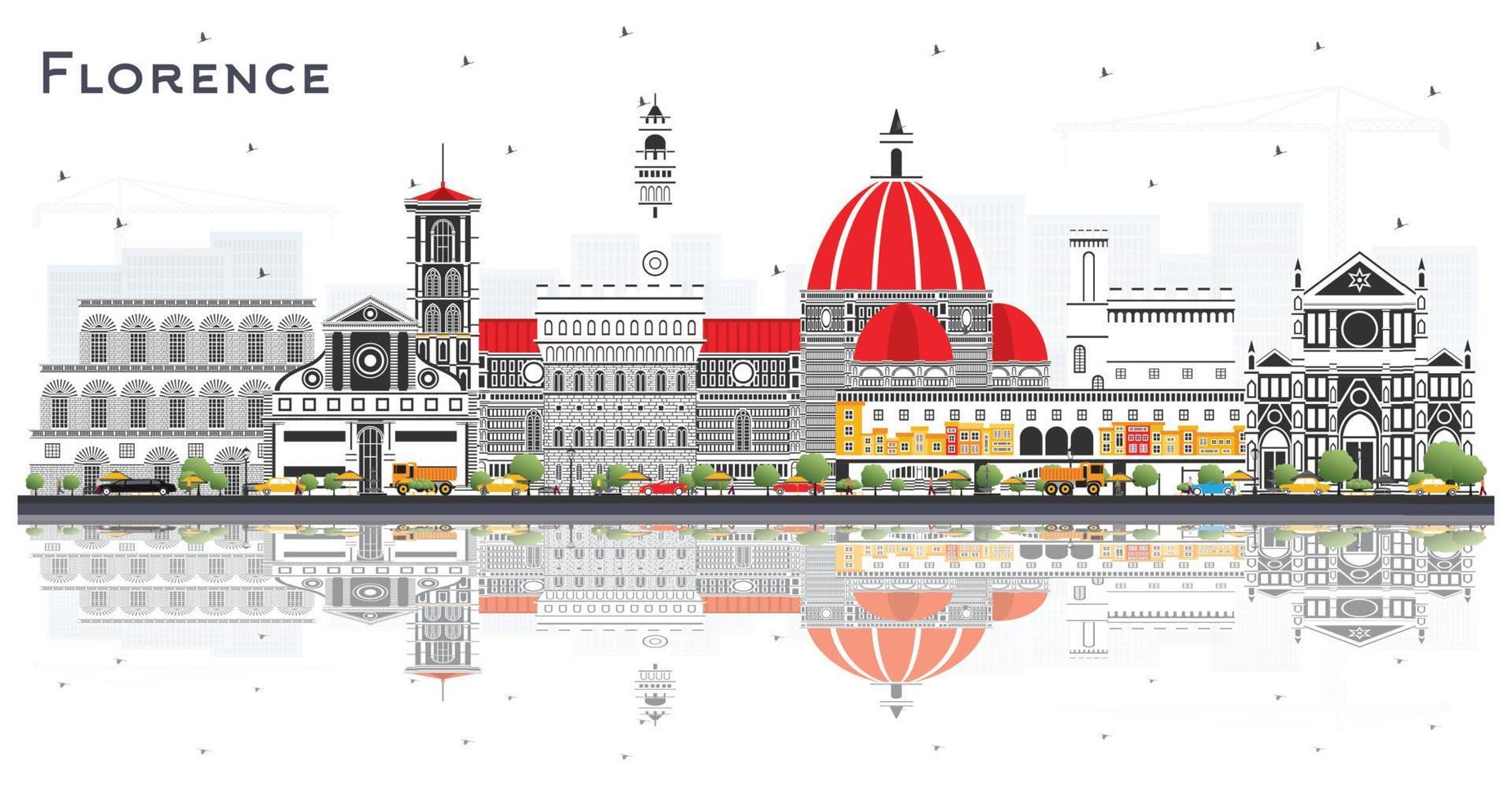 Florence Italy City Skyline with Color Buildings and Reflections Isolated on White. vector