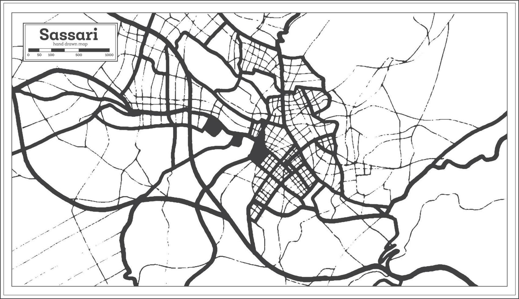 mapa de la ciudad de sassari italia en color blanco y negro en estilo retro. esquema del mapa. vector