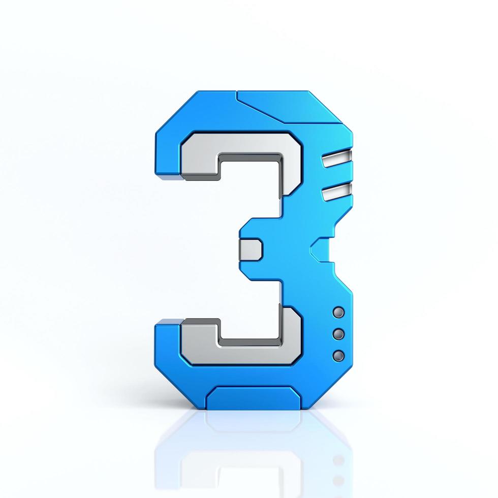 Number three sci-fi logo. Cyber technology abstract texture alphabet font. Hi tech metallic number 3 typography character design illustration, blue silver metal text, photo