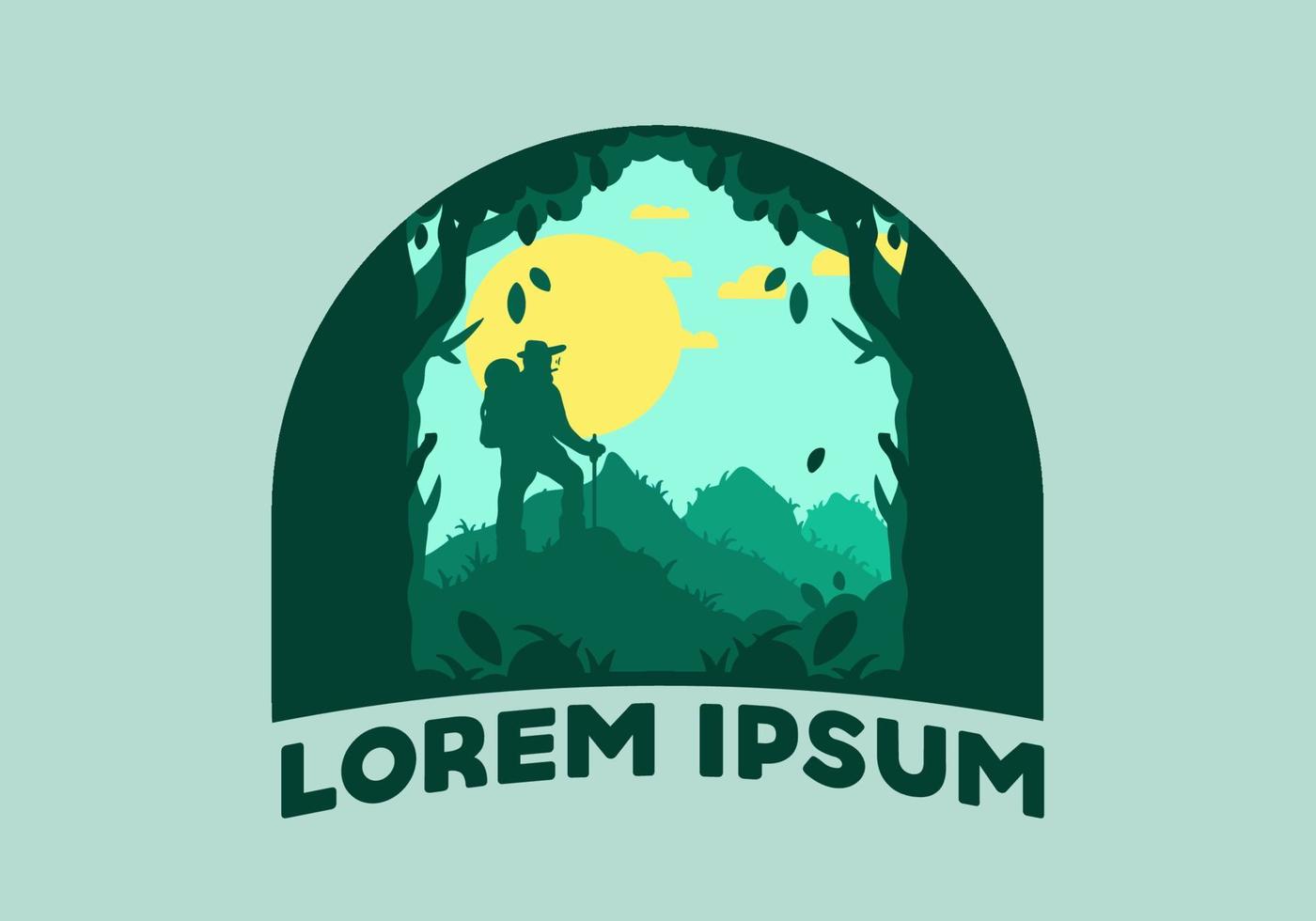silhouette flat illustration of a mountain climber standing on top of a hill vector
