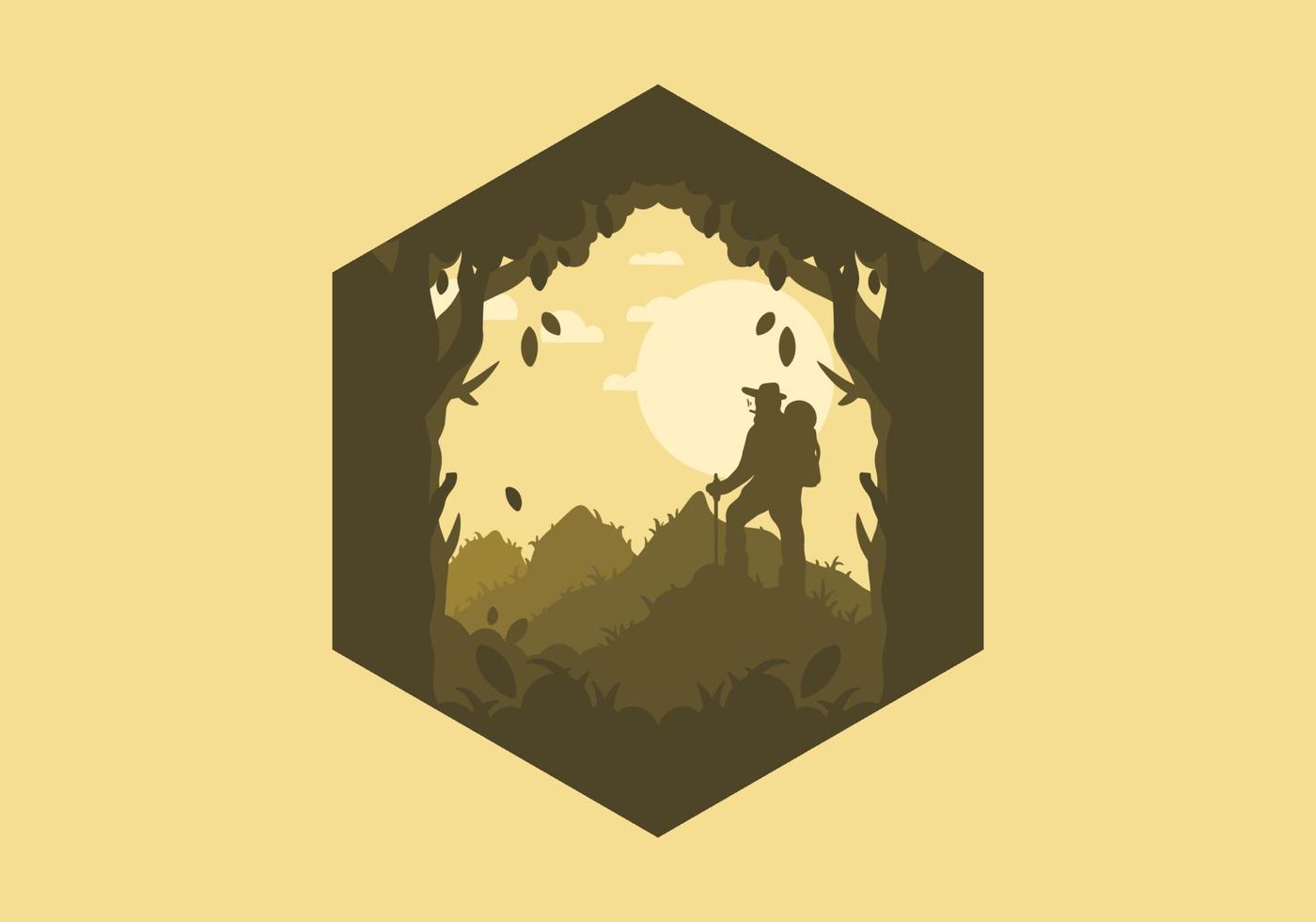 silhouette flat illustration of a mountain climber standing on top of a hill vector