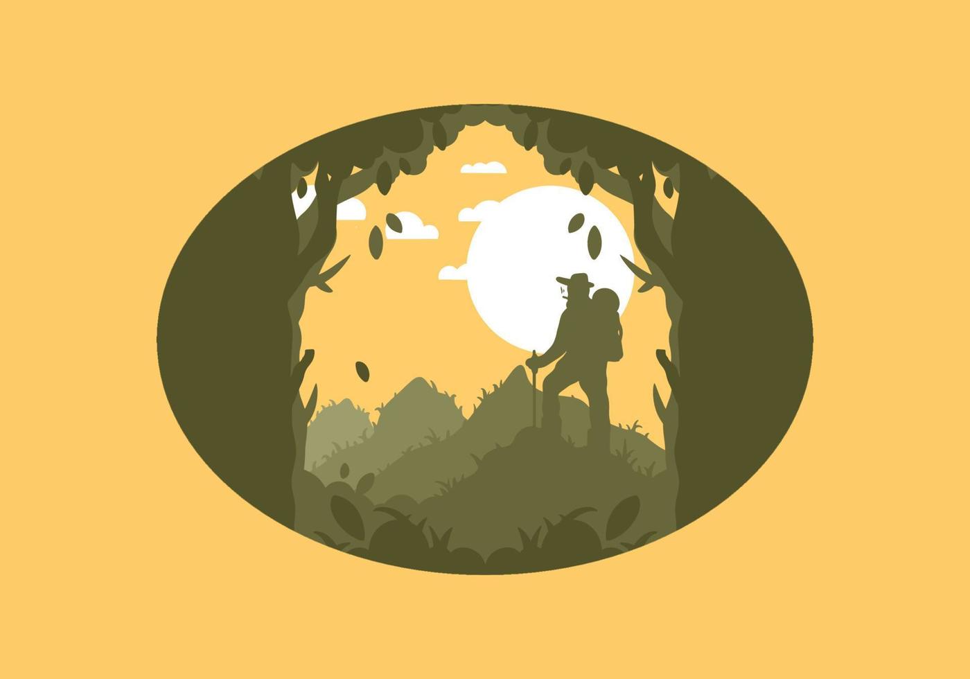 silhouette flat illustration of a mountain climber standing on top of a hill vector