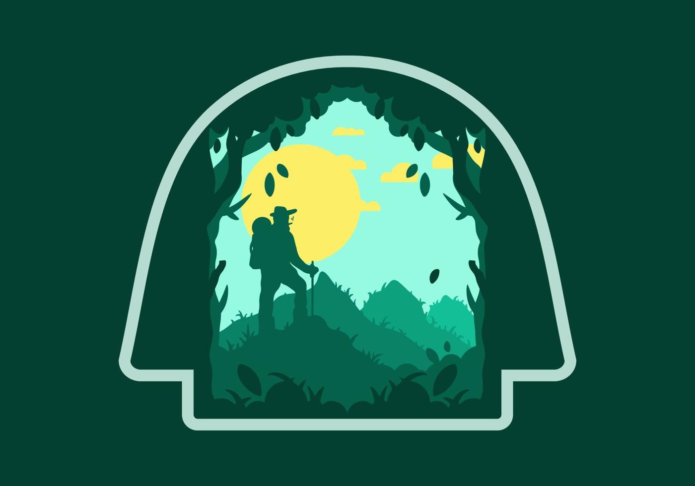 silhouette flat illustration of a mountain climber standing on top of a hill vector