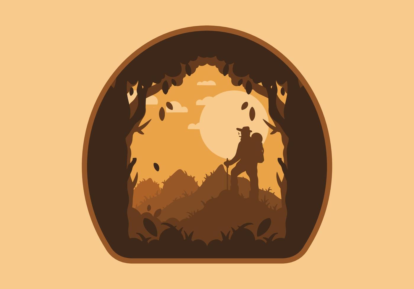 silhouette flat illustration of a mountain climber standing on top of a hill vector