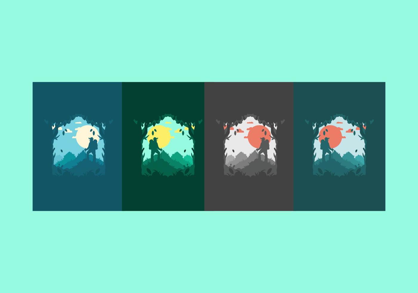 silhouette flat illustration of a mountain climber standing on top of a hill vector