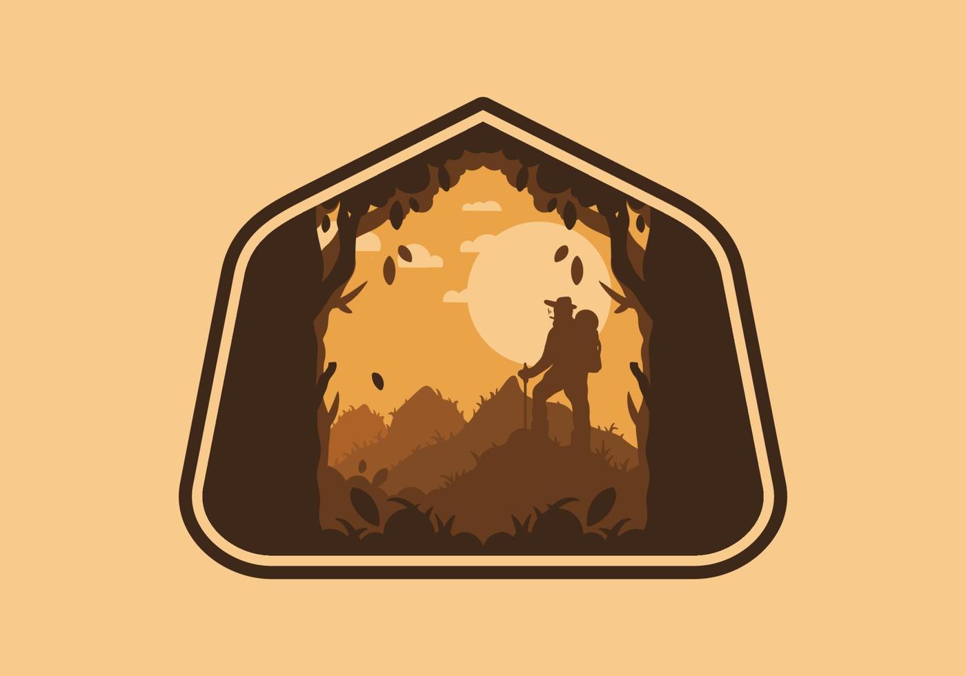 silhouette flat illustration of a mountain climber standing on top of a hill vector