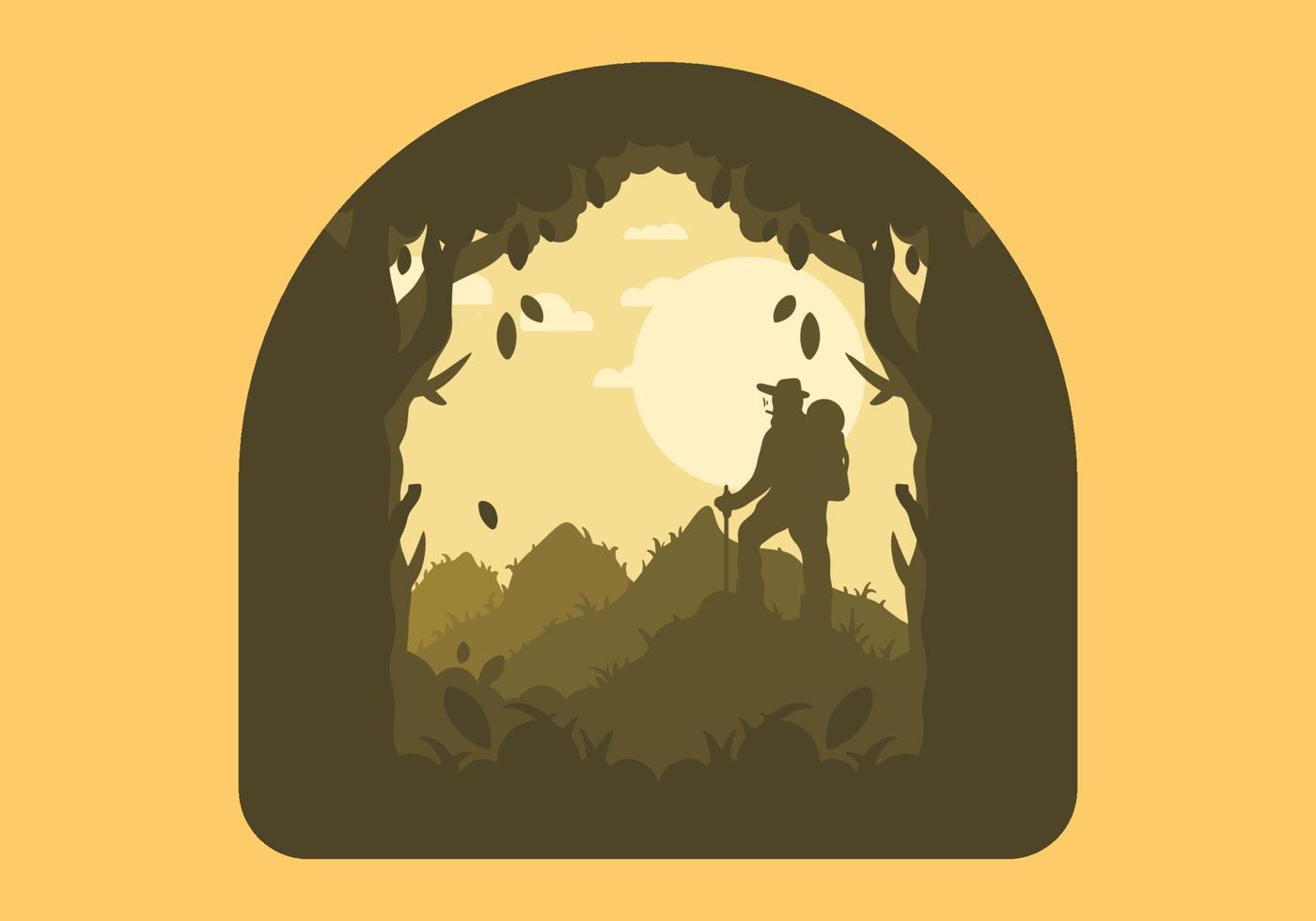 silhouette flat illustration of a mountain climber standing on top of a hill vector