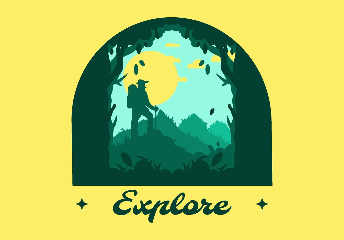 silhouette flat illustration of a mountain climber standing on top of a hill vector