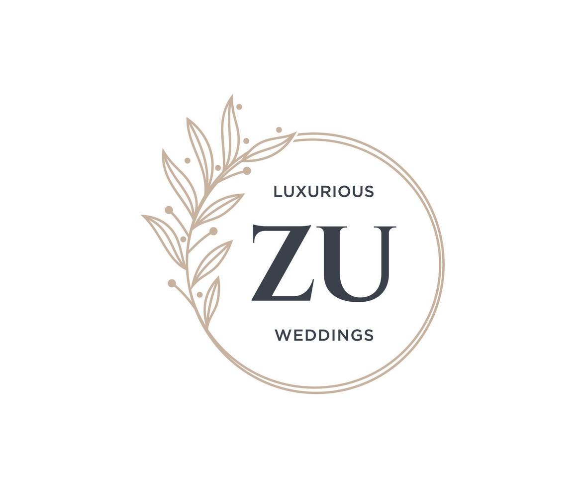 ZU Initials letter Wedding monogram logos template, hand drawn modern minimalistic and floral templates for Invitation cards, Save the Date, elegant identity. vector