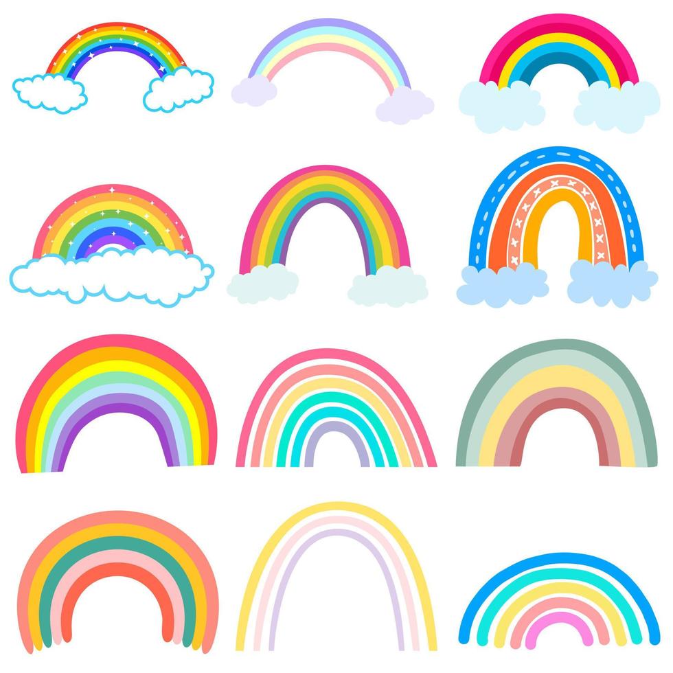 Color rainbow with clouds isolated on white background. Vector Illustration.