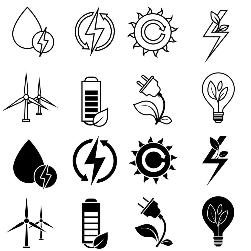 conjunto de iconos de vector de energía renovable. colección de signos de ilustración de energía verde. símbolo de reciclaje.