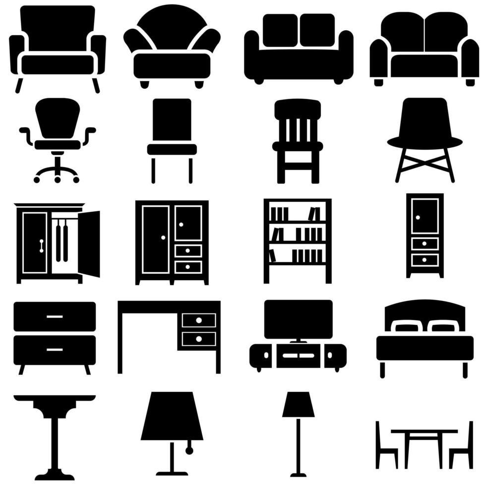 Furniture black icons Vector set. Furniture illustration symbol collection.