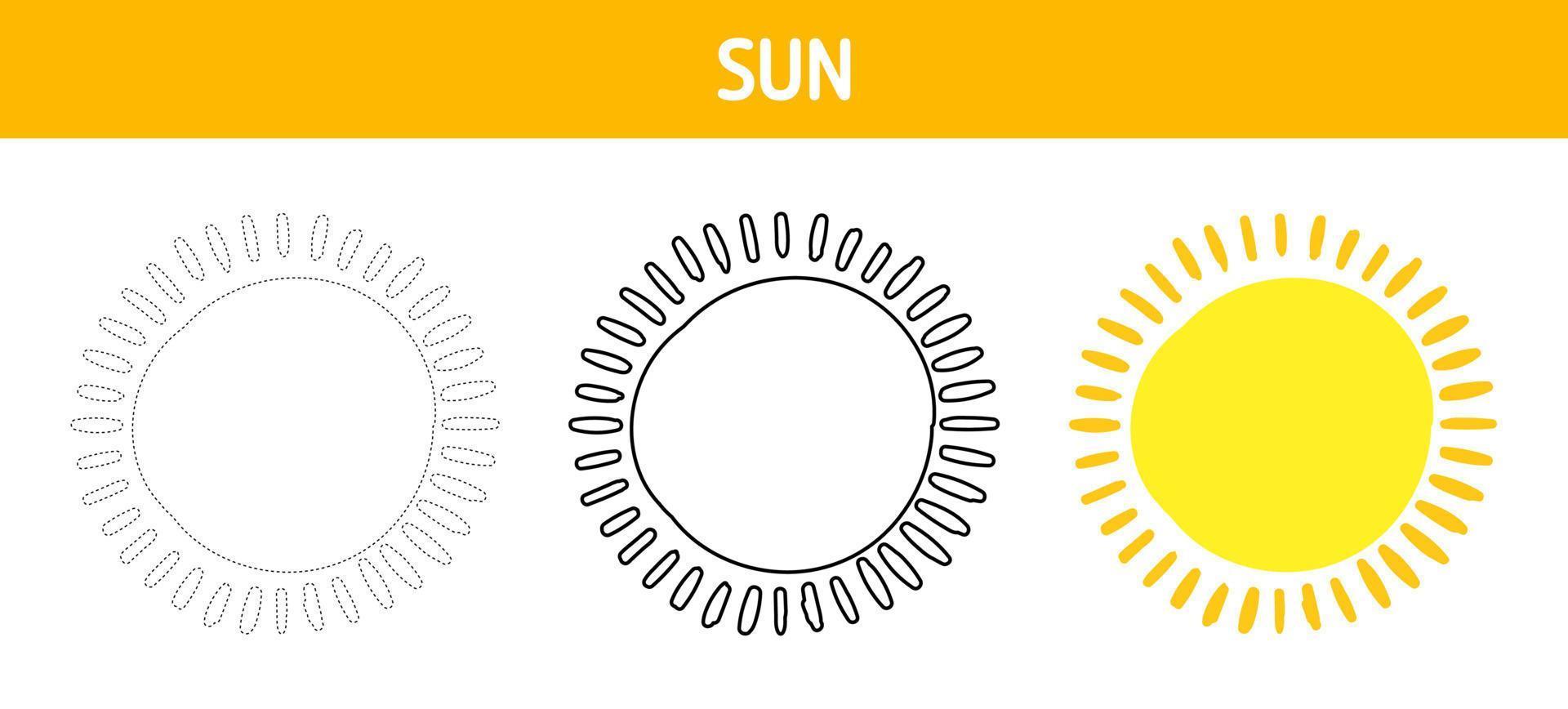 Sun tracing and coloring worksheet for kids vector