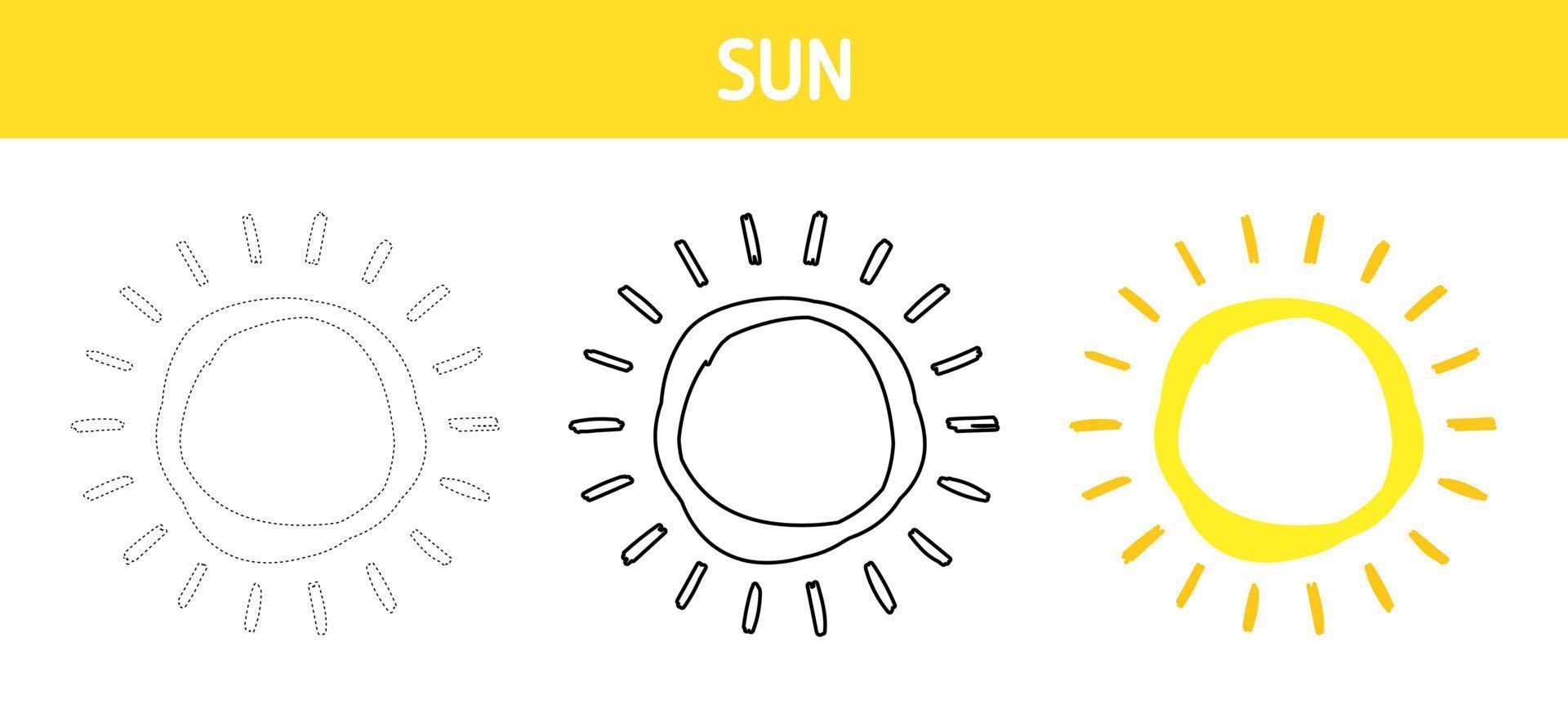 Sun tracing and coloring worksheet for kids vector