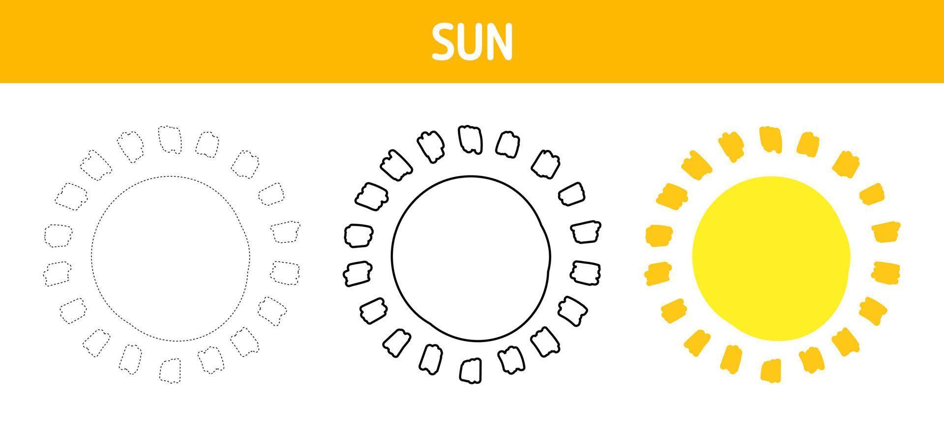 Sun tracing and coloring worksheet for kids vector