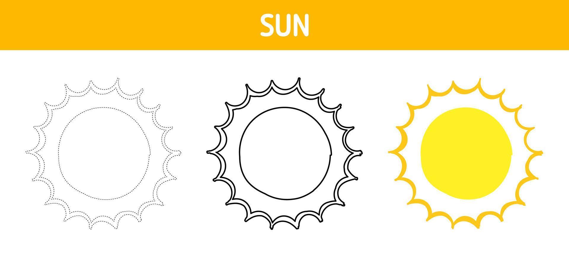 Sun tracing and coloring worksheet for kids vector