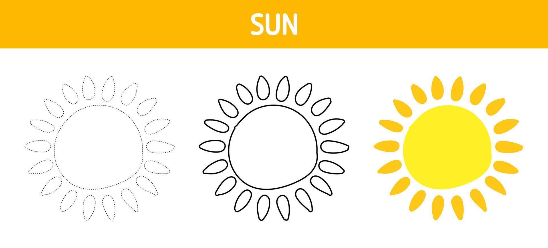 Sun tracing and coloring worksheet for kids vector