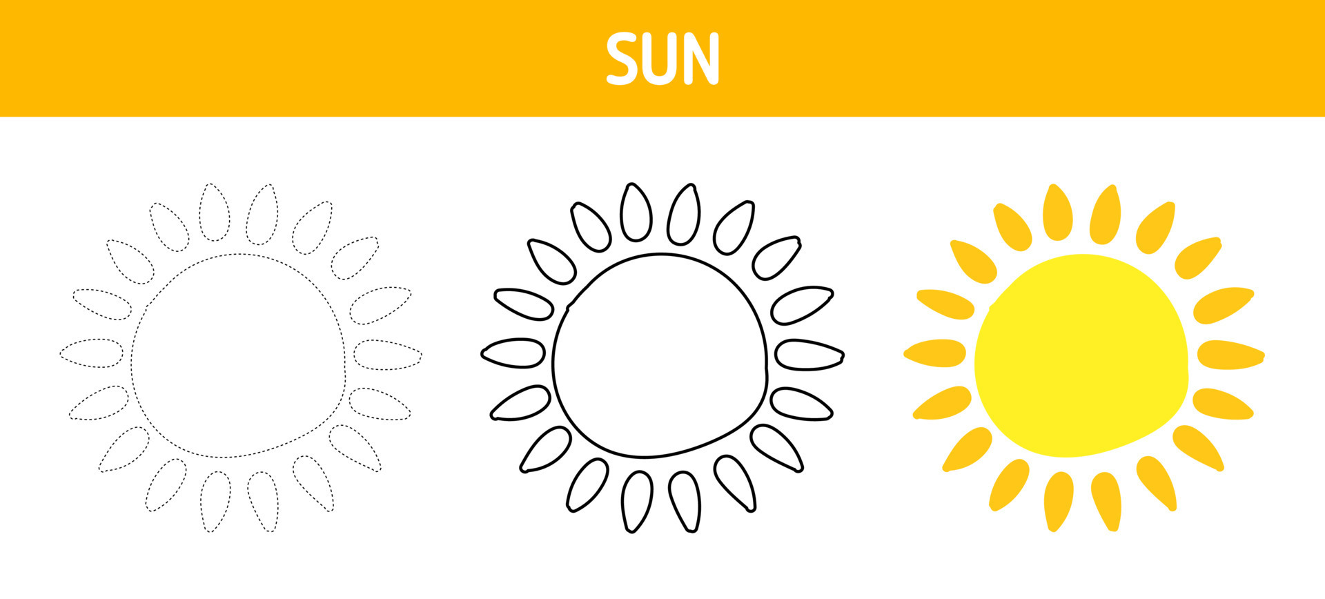 Sun tracing and coloring worksheet for kids 17662620 Vector Art at Vecteezy