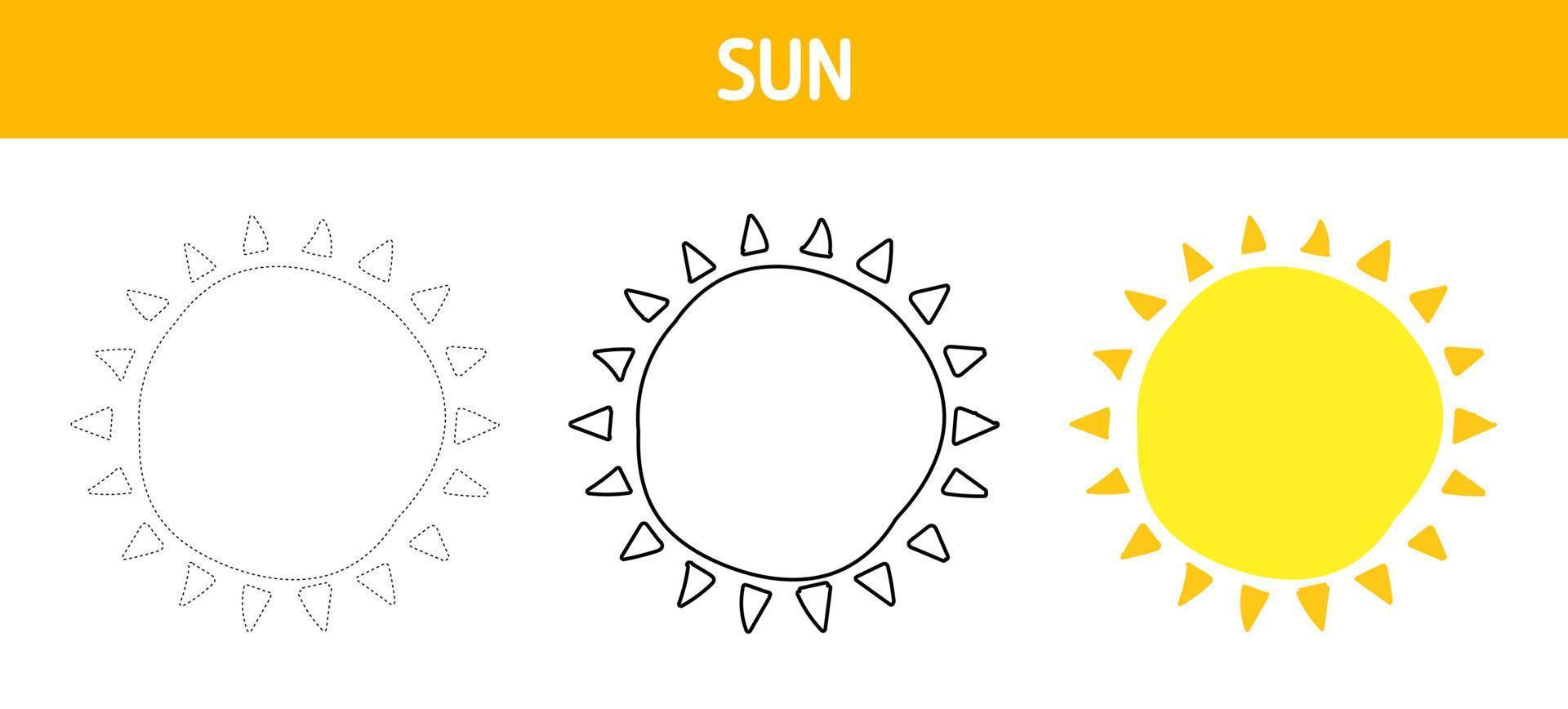 Sun tracing and coloring worksheet for kids vector