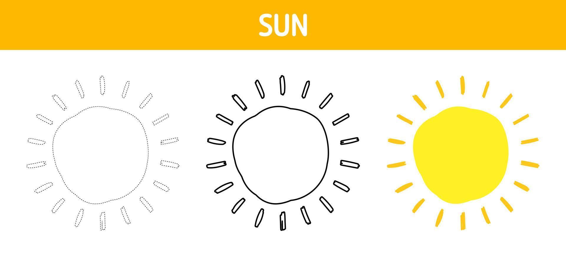 Sun tracing and coloring worksheet for kids vector