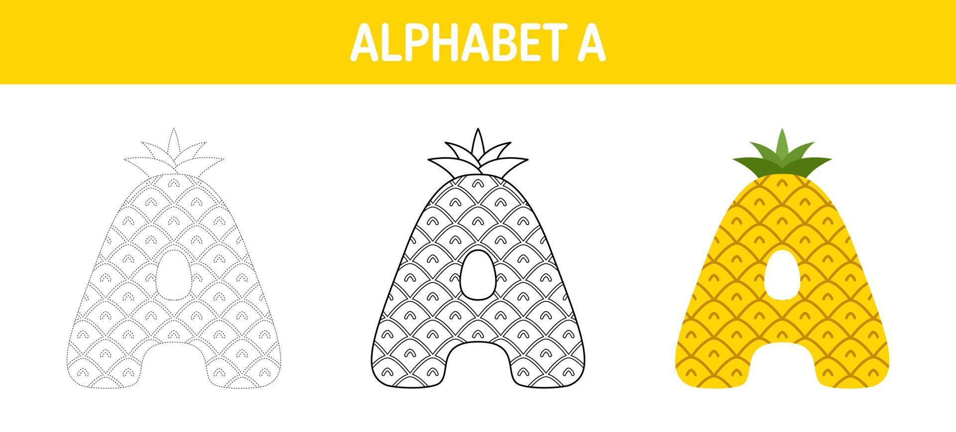 Alphabet A tracing and coloring worksheet for kids vector