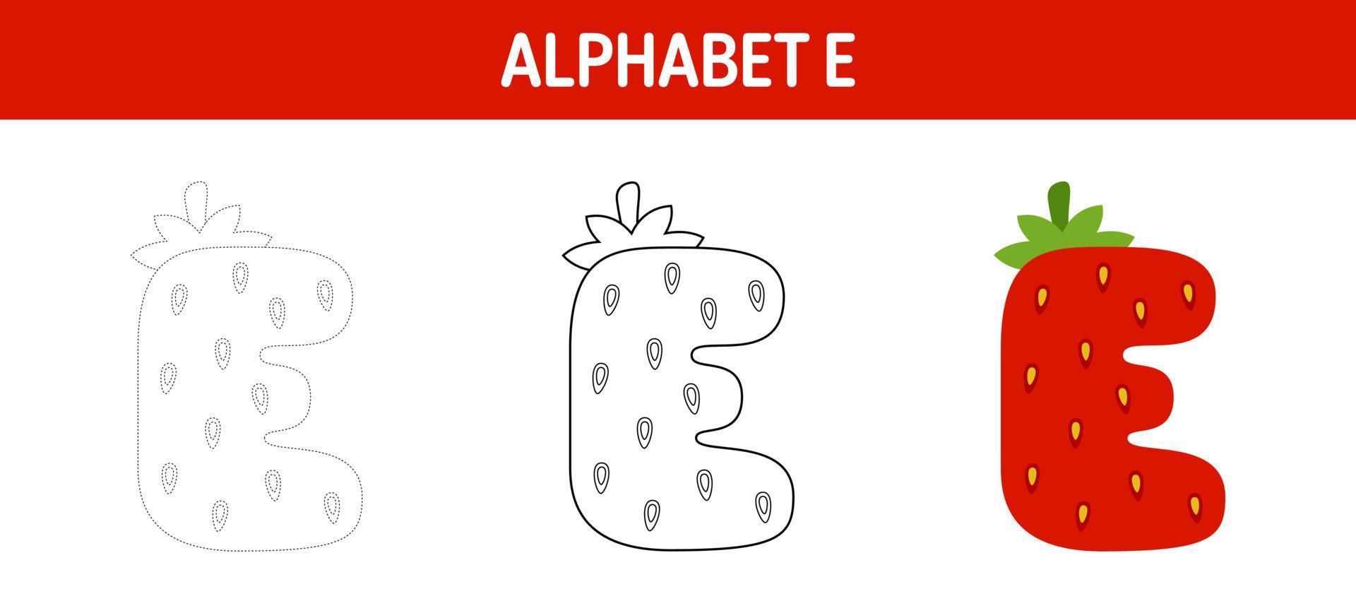 Alphabet E tracing and coloring worksheet for kids vector