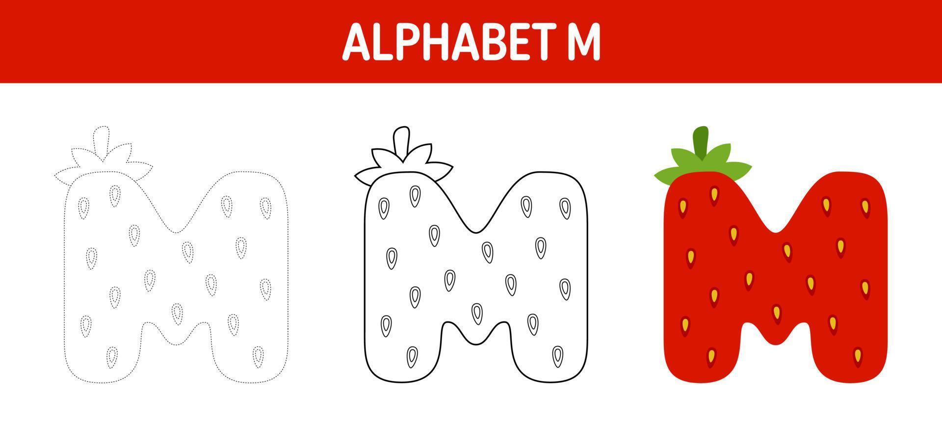 Alphabet M tracing and coloring worksheet for kids vector