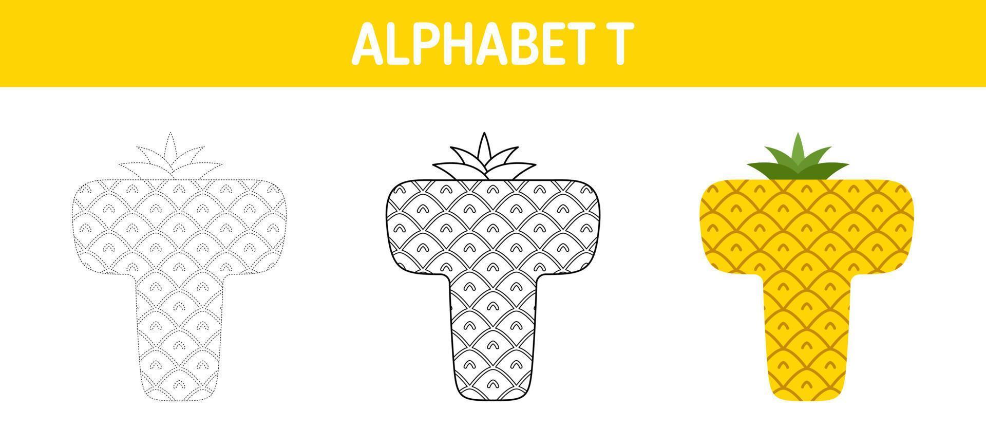 Alphabet T tracing and coloring worksheet for kids vector