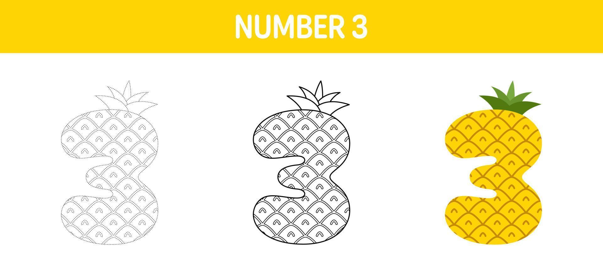 Number 3 tracing and coloring worksheet for kids vector