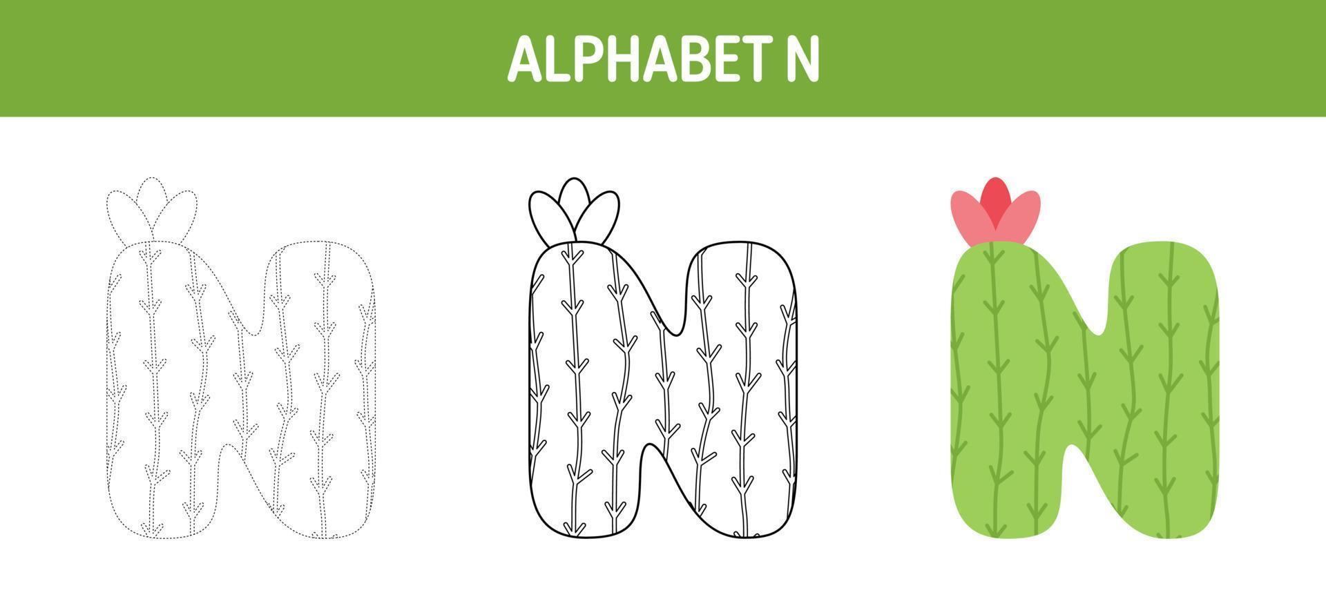 Alphabet N tracing and coloring worksheet for kids vector